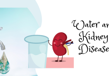 Graphics of the kidneys and tap water with a caption "water and kidney disease".