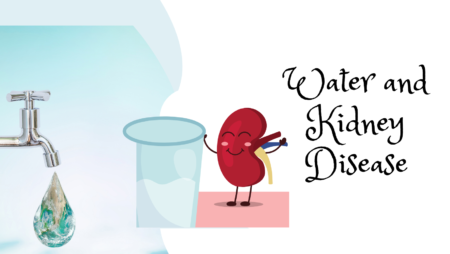 Graphics of the kidneys and tap water with a caption "water and kidney disease".