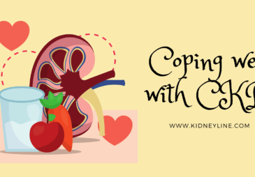 An image of a kidney with a glass of water and some vegetable. There's a text "coping well with CKD" on it