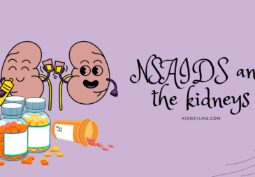 A cartoon image of pills and a pair of kidneys taking a drink with the caption "NSAIDS and the kidneys."