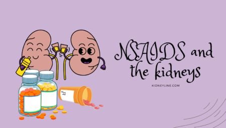 A cartoon image of pills and a pair of kidneys taking a drink with the caption "NSAIDS and the kidneys."