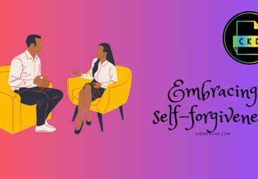 A man chatting with a doctor and a text reading "Embracing self-forgiveness"